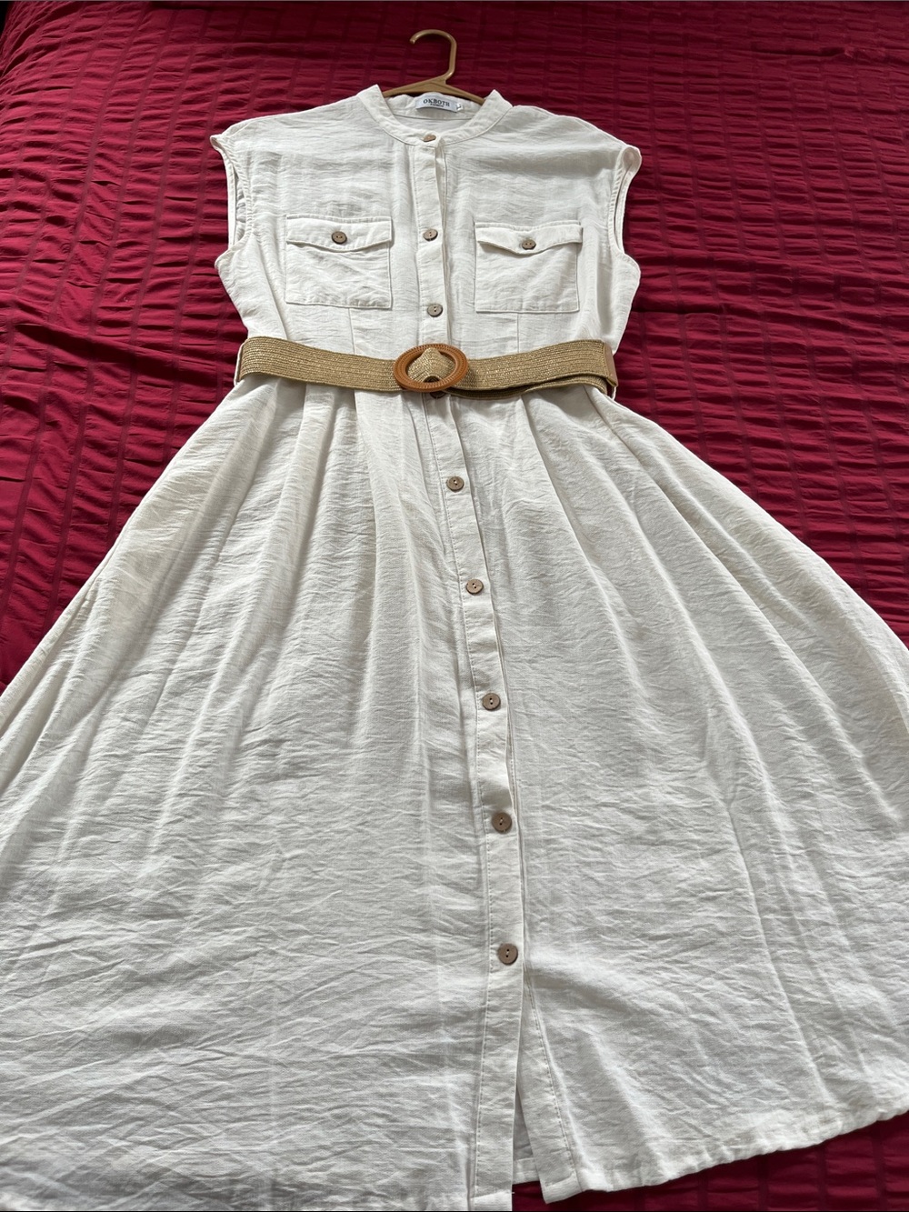 Sleeveless Button-Front Maxi Dress in Cream with Woven Belt